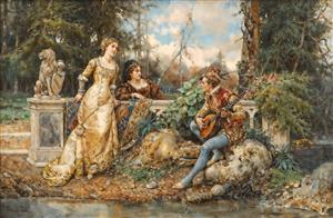 نقاشی رمانتیک نوازندگی گیتار برای بانوان در باغ قصری باشکوه مناسب برای پوستر دیواری پذیرایی و هتل لوکس