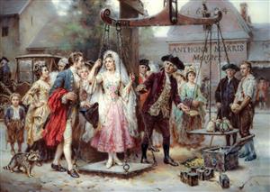 نقاشی کلاسیک مراسم عروسی و وزن‌کشی عروس در حضور جمعیت مناسب برای پوستر دیواری تالارهای تشریفات و مزون عروس