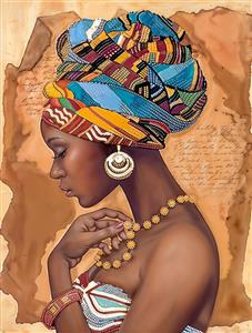 نقاشی مدرن زن آفریقایی با سربند رنگارنگ و جواهرات طلایی مناسب برای تابلو دکوراتیو و پوستر دیواری مدرن پذیرایی