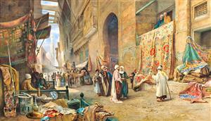 منظره بازار قدیمی و فرش‌فروشان شرقی با جزئیات خیره‌کننده مناسب برای پوستر دیواری سنتی، سفره‌خانه و هتل