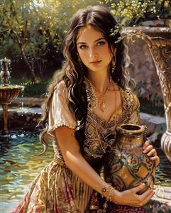 طرح نقاشی دختر زیبا با کوزه سفالی در کنار برکه برای چاپ روی پرده، فرشینه و پوستر دیواری باغ تالار و ویلا