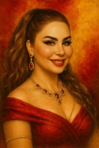 نقاشی پرتره لبخند زن با جواهرات یاقوت سرخ و لباس شب مجلل مناسب برای پوستر دیواری آرایشگاه زنانه و مزون