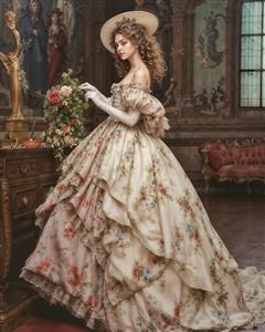 تصویر بانو با لباس چین‌دار و دستکش سفید در قصر کلاسیک برای پوستر دیواری سه بعدی پذیرایی و تالارهای تشریفاتی