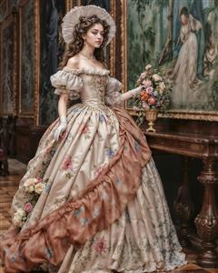 طرح پوستر دیواری بانوی دربار با لباس گل‌دار در تالار عمارت ویژه دکوراسیون مجلل پذیرایی و پشت میز مدیریت