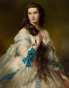 نقاشی کلاسیک پرتره بانو با موهای بلند و لباس حریر مناسب برای قاب دکوراتیو اتاق خواب، گالری هنری و دیوار پشت تخت