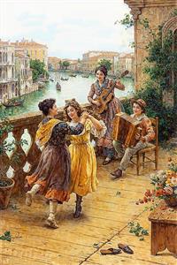 منظره ونیز و رقص و شادی جوانان در بالکن مشرف به کانال آب مناسب پوستر دیواری رستوران ایتالیایی و سالن نشیمن