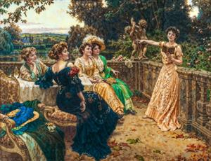 منظره تراس کلاسیک و دورهمی بانوان با لباس‌های مجلل برای پوستر دیواری عریض تالار پذیرایی و لابی ویلا