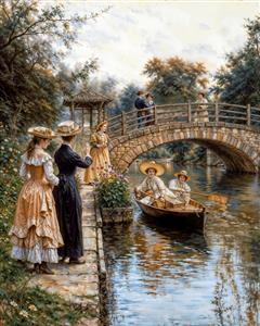 طرح قایق‌سواری بانوان در برکه آرام و پل سنگی زیبا ویژه چاپ کاغذ دیواری سه بعدی اتاق خواب و سالن‌های هنری