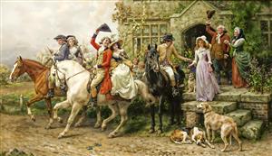 نقاشی کلاسیک اروپایی سوارکاران و اسب‌ها در مقابل عمارت قدیمی مناسب پوستر دیواری پذیرایی و تابلوی دکوراتیو لوکس هتل