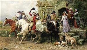 طرح نقاشی بازگشت از شکار اشراف‌زادگان برای پوستر دیواری کلاسیک پذیرایی، هتل و کلبه‌های شکاری