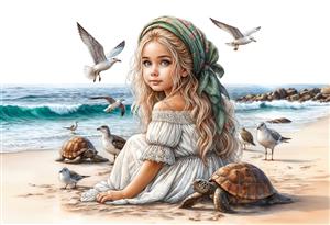 پوستر دیواری فانتزی دختر و لاک‌پشت‌ها در ساحل دریا ویژه اتاق کودک، مهدکودک و دکوراسیون سرویس خواب