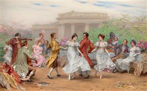 پوستر دیواری کلاسیک رقص اشرافی در باغ عمارت برای تالارهای مجلل، لابی هتل و دکوراسیون پشت تلویزیون