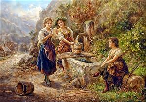 تابلو نقاشی کلاسیک اروپایی دختران روستایی کنار چشمه ویژه چاپ کاغذ دیواری سه بعدی و پوستر دیواری پذیرایی و هتل‌ها