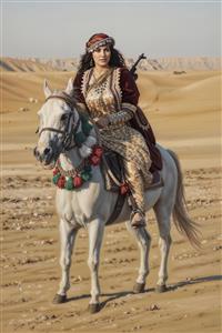 تصویر بانوی عشایر سوار بر اسب سفید در صحرا ویژه پوستر دیواری اتاق پذیرایی و دفاتر مدیریتی