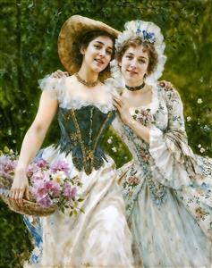 نقاشی صمیمانه دو دختر جوان با سبد گل مناسب پوستر دیواری اتاق کودک و نوجوان و مهدکودک‌ها