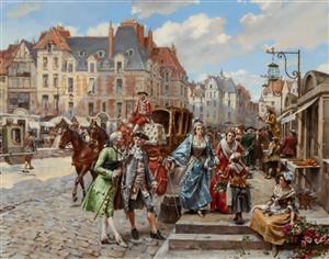 تصویر بازار و کالسکه در خیابان‌های قدیمی پاریس ویژه پوستر دیواری لابی و دکوراسیون کلاسیک تجاری