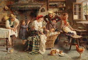 نقاشی نوستالژیک از زندگی روستایی در آشپزخانه قدیمی مناسب پوستر دیواری رستوران‌های سنتی و آشپزخانه