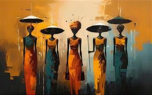 طرح انتزاعی زنان آفریقایی با چتر در غروب ویژه پوستر دیواری سه بعدی پذیرایی و لابی هتل