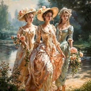 نقاشی رویایی سه بانو در کنار رودخانه مناسب پوستر دیواری اتاق خواب خانم‌ها و مزون‌های لباس لوکس