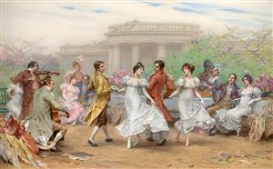 نقاشی کلاسیک اروپایی از رقص در عمارت باشکوه مناسب پوستر دیواری سالن پذیرایی و تالارهای مجلل