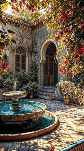 تصویر رویایی حیاط قدیمی با حوض آب و گل‌های کاغذی مناسب پوستر دیواری خانه‌های سنتی، رستوران‌ها و تالارها