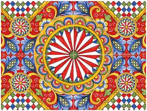 طرح کاشی کاری ایتالیایی (سیسیلی) با رنگ های شاد قرمز و زرد ویژه چاپ روی روتختی، کوسن، فرش و پوستر دیواری آشپزخانه های مدرن