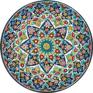 طرح بشقاب سفالی با نقوش سنتی ختایی و اسلیمی رنگارنگ مناسب برای چاپ روی ظروف دکوراتی، کوسن و تابلو دیواری آشپزخانه ایرانی