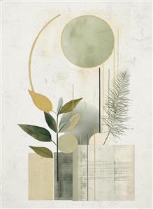 پوستر دیواری مینیمال با طرح گیاه، برگ های سبز و اشکال هندسی مدرن ایده آل برای دکوراسیون اتاق خواب، هتل و سالن های انتظار لوکس