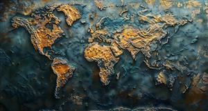 پوستر دیواری سه بعدی نقشه جهان با بافت فلزی اکسیده و طلایی برای اتاق مدیریت و سالن‌های کنفرانس مجلل