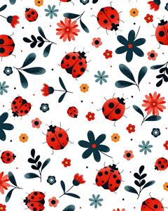 طرح فانتزی کفشدوزک و گل‌های وحشی برای کاغذ دیواری اتاق دخترانه و چاپ روی دفترچه یادداشت و لوازم تحریر