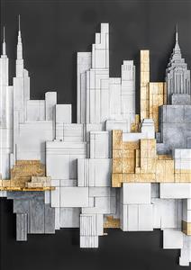 طرح انتزاعی خط آسمان شهر نیویورک با جزئیات طلایی و سفید مناسب قاب دکوراتیو لوکس و دیوارپوش لابی هتل