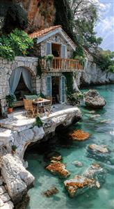 نمای رویایی ویلای ساحلی با تراس صخره‌ای و آب زلال مدیترانه جهت پوستر دیواری بزرگ پذیرایی و اتاق خواب مستر