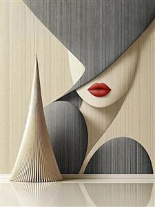 پوستر انتزاعی چهره زن با کلاه بزرگ و لب‌های قرمز در سبک مینیمال مدرن برای تالارهای پذیرایی و سالن‌های زیبایی