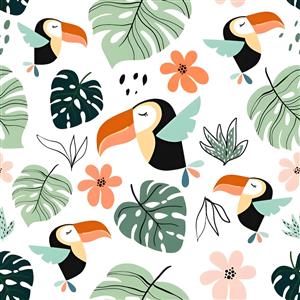 طرح کارتونی پرنده توکان و برگ‌های استوایی برای پوستر دیواری اتاق کودک و چاپ روی روتختی و پرده اتاق نوزاد