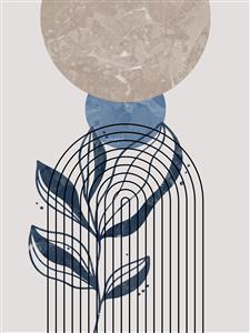 پوستر دیواری مینیمال با طرح انتزاعی برگ و دایره‌های سنگی مناسب دکوراسیون سالن پذیرایی و اتاق خواب مدرن برای چاپ تابلو دکوراتیو و کاغذ دیواری سه بعدی