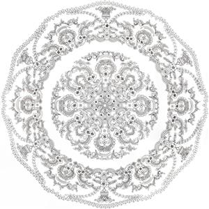ماندالای خطی و ظریف مشکی روی زمینه سفید برای پوستر دیواری پذیرایی، رنگ‌آمیزی بزرگسال و چاپ روی بشقاب‌های دکوراتیو