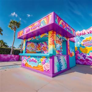 طرح دکوراسیون کیوسک فانتزی و غرفه خوراکی با رنگ‌های شاد برای پوستر دیواری شهربازی و اتاق بازی کودکان و دکور کافه