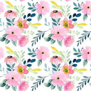 طرح آبرنگی گل‌های صورتی بهاری با برگ‌های سبز جهت چاپ پرده، روتختی بزرگسال و پوستر دیواری نشیمن