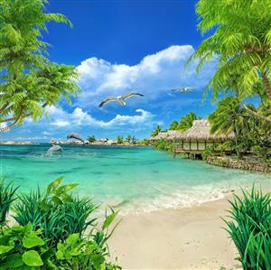 طرح بهشتی جزیره استوایی با دلفین و کلبه ساحلی برای پوستر دیواری سه بعدی اتاق کودک و نشیمن