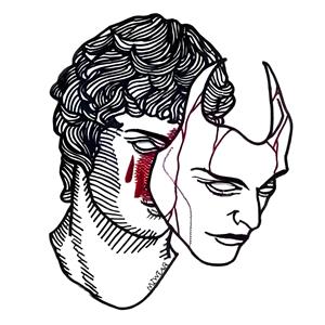 طرح هنری مفهومی ماسک و چهره کلاسیک مناسب برای چاپ روی ماگ، دفترچه و پوستر دیواری کافه