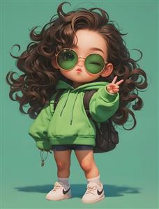 کاراکتر فانتزی دختر بچه با عینک و هودی سبز مناسب چاپ روی روتختی، پرده و پوستر دیواری اتاق کودک