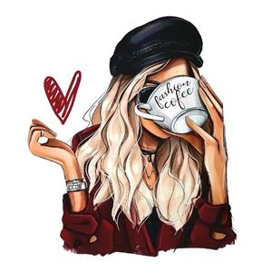 وکتور فانتزی دختر در حال نوشیدن قهوه با استایل کلاه فرانسوی مخصوص چاپ روی ماگ، تیشرت و دیوار کافه