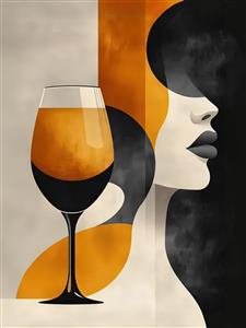 طرح انتزاعی چهره زن و جام نوشیدنی با رنگ‌های گرم برای پوستر دیواری مدرن کافه، رستوران و سالن پذیرایی