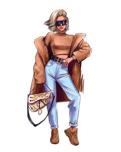 وکتور مد و فشن زن با پالتو شتری و شلوار جین ایده‌آل برای چاپ روی بگ خرید، ماگ و دفترچه یادداشت