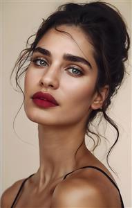 تصویر باکیفیت چهره زن با آرایش لایت و رژ لب زرشکی ویژه پوستر دیواری سالن زیبایی و آرایشگاه زنانه