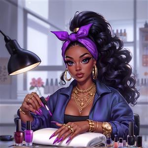 مدل فانتزی دختر آرایشگر با ناخن‌های بلند و لوازم کاشت ناخن مناسب پوستر دیواری لاین ناخن، تابلوی آرایشگاه زنانه و دکوراسیون سالن زیبایی