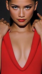 پرتره خیره‌کننده زندایا (Zendaya) در لباس قرمز مجلل ویژه پوستر دیواری مزون لباس، تابلوی دکوراتیو اتاق خواب و تزیین دیوار سالن‌های آرایشی