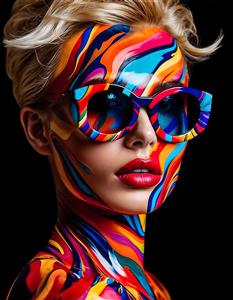 نقاشی مدرن صورت زن با عینک و رنگ‌های پاشیده شده انتزاعی ویژه پوستر دیواری گالری هنری، تابلوی دکوراتیو کافی‌شاپ و دکوراسیون اتاق جوان