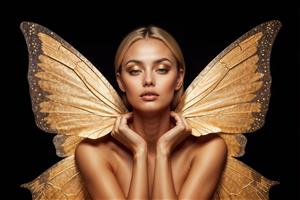 تصویر زن با بال‌های پروانه طلایی بزرگ در زمینه مشکی مناسب پوستر دیواری سه بعدی پذیرایی، تابلوی دکوراتیو مجلل و پوستر دیواری پشت تخت خواب