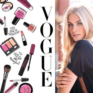 طرح ترکیبی لوازم آرایشی و مدل زن بلوند برای مجله ووگ مناسب پوستر دیواری آرایشگاه زنانه، سالن زیبایی، چاپ روی شلف و دکوراسیون داخلی کلینیک زیبایی